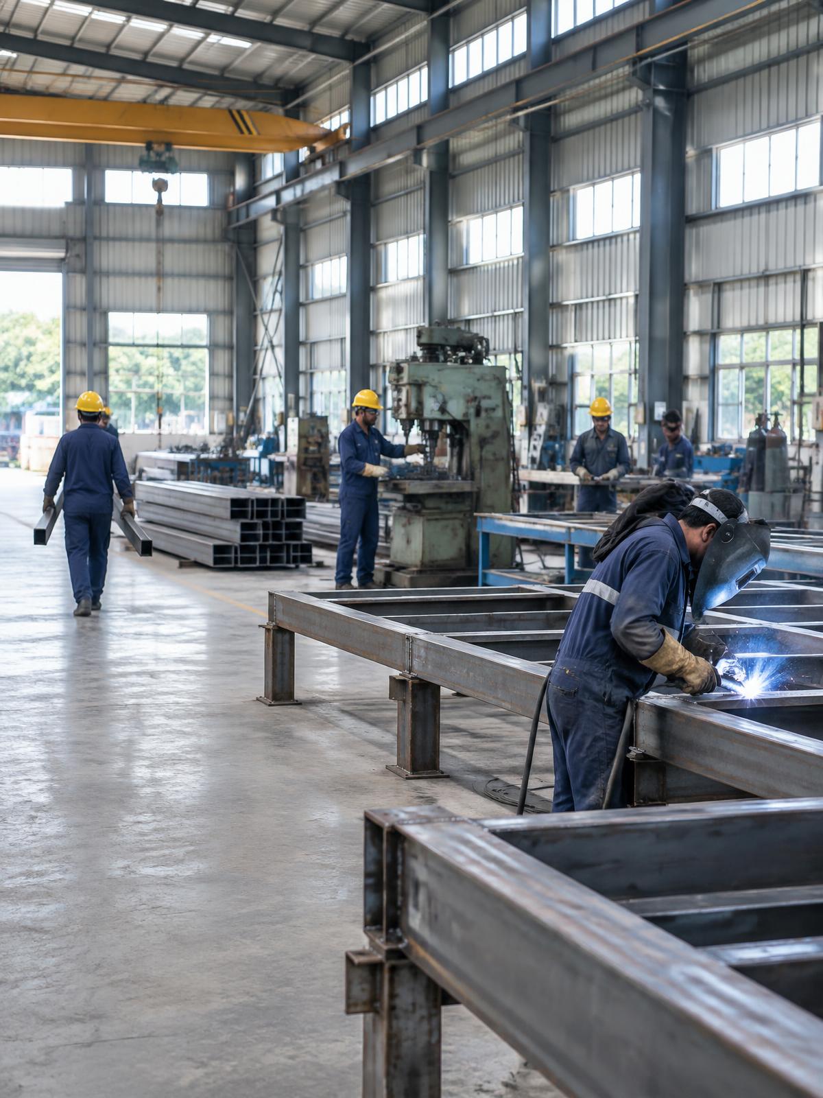 Fabricators working with steel frames inside a workshop