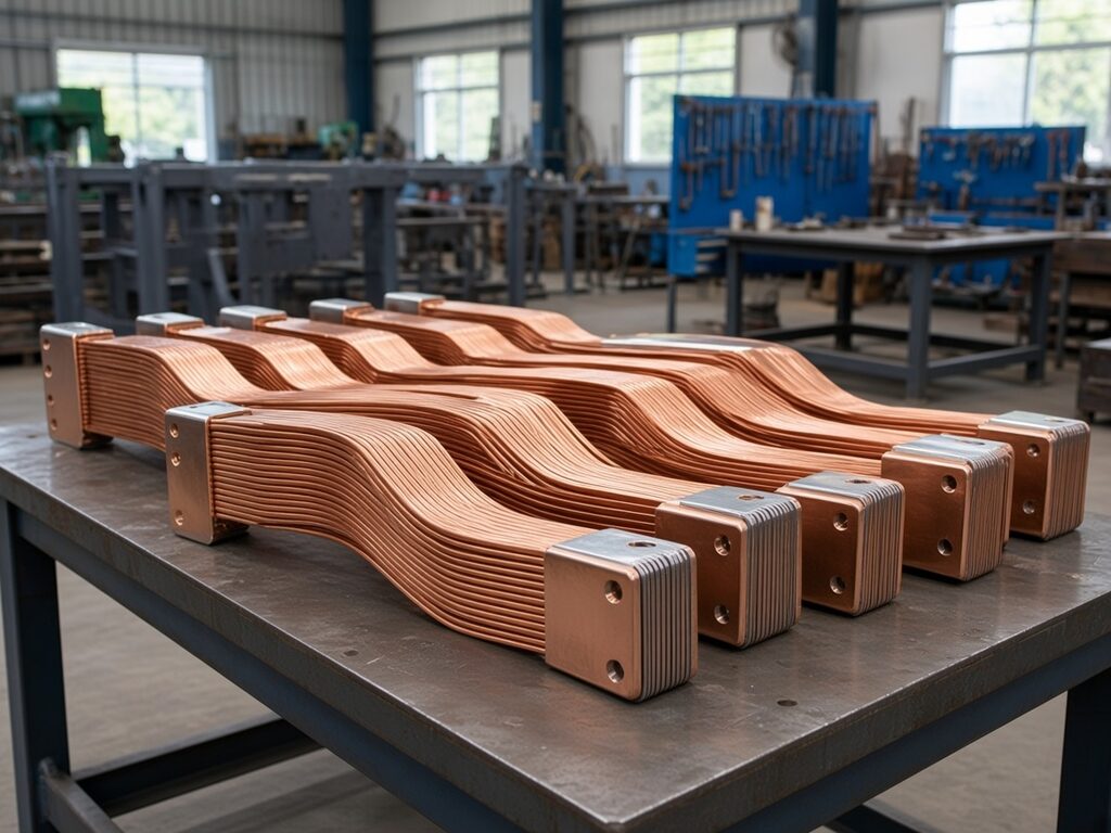 Batch of laminated copper flexible connectors on a workbench
