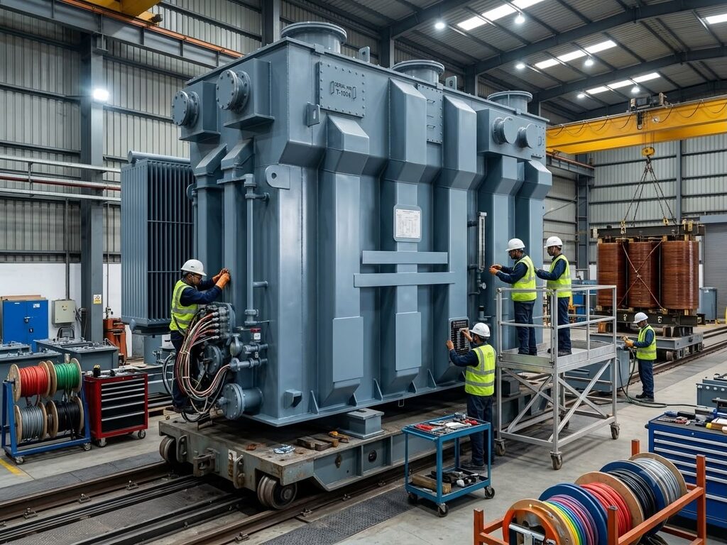 Large fabricated transformer tank body being fitted out by technicians on the shop floor